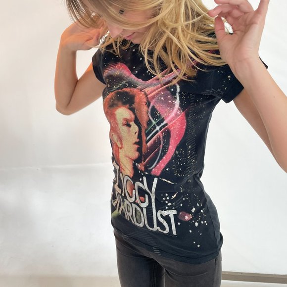 David Bowie Ziggy Stardust Cap Sleeve Band Tee with Gold Splatter Design Size: M - Picture 5 of 14